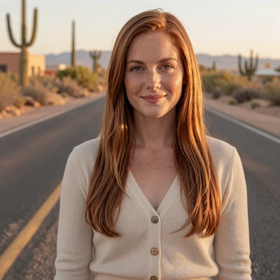 Rebecca from Phoenix on a desert road - trucker dating community